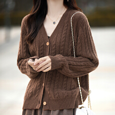 批发2026秋冬新款纯羊毛麻花针织<b class='q'>开衫</b>女宽松显瘦外套百搭V领外搭上衣