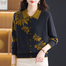 批发<b class='q'>中老年女装</b>翻领印花针织开衫春秋新款外搭上衣<b class='q'>妈妈装</b>洋气毛衣<b class='q'>外套</b>