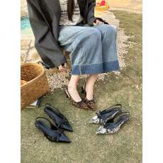 批发欧美风气质百搭尖头蝴蝶结豹纹高跟包头单鞋