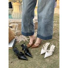 批发欧美风尖头一字带高跟包头百搭单鞋