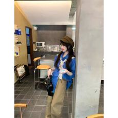 批发高级感蓝色POLO领长袖<b class='q'>衬衫</b>外套女宽松休闲开衫<b class='q'>衬衣</b>中长款上衣