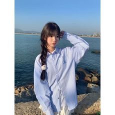 批发早秋新款韩系宽松多巴胺条纹长袖衬衫女中长款翻领<b class='q'>防晒</b>别致衬衣潮