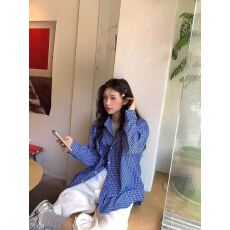 批发有口袋.蓝色<b class='q'>格子</b>衬衫外套女早秋穿搭新款学院风宽松叠穿打底外套