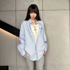 批发早秋新款韩系宽松多巴胺条纹长袖衬衫女中长款翻领<b class='q'>防晒</b>别致衬衣潮