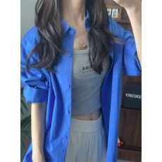 批发高级感蓝色POLO领长袖衬衫<b class='q'>外套</b>女宽松休闲开衫衬衣中长款上衣