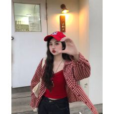 批发复古红色休闲格子衬衫<b class='q'>外套</b>2025春秋季新款长袖宽松慵懒风衬衣上衣