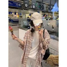 批发多巴胺甜美粉色格子衬衫女ins开春防晒衬衣宽松休闲遮肉<b class='q'>长袖</b>上衣