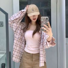 批发多巴胺甜美粉色格子衬衫女ins开春防晒衬衣宽松休闲遮肉长袖上衣