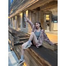 批发新款春秋粉色美式复古防晒格子衬衫女秋韩系宽松款遮显瘦开衫