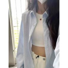 批发细条纹<b class='q'>夏</b>季蓝色衬衫长袖2025设计感小众宽松百搭衬衣打底上衣女