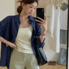 批发日系气质复古深蓝色纯棉<b class='q'>格子</b><b class='q'>衬衫女</b>早秋2024新款冷淡系高级感上衣