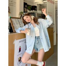 批发蝴蝶结印花衬衫女春<b class='q'>秋</b>新款宽松长袖设计感蓝色百搭条纹衬衣上衣