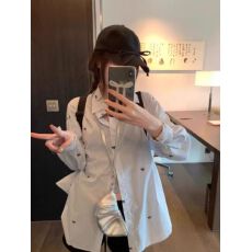 批发蝴蝶结印花衬衫女春<b class='q'>秋</b>新款宽松长袖设计感蓝色百搭条纹衬衣上衣