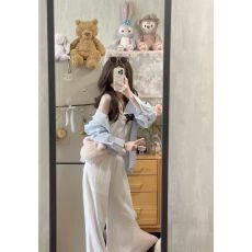 批发蝴蝶结印花衬衫女春<b class='q'>秋</b>新款宽松长袖设计感蓝色百搭条纹衬衣上衣