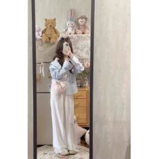 批发蝴蝶结印花衬衫女春<b class='q'>秋</b>新款宽松长袖设计感蓝色百搭条纹衬衣上衣