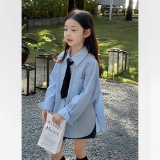 批发中大童纯色翻领衬衫<b class='q'>外套</b>春秋装儿童洋气百搭衬衣女童韩版春秋上衣
