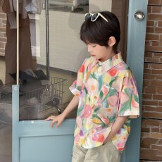 批发<b class='q'>男</b><b class='q'>童</b>港风短袖花衬衫外套夏季新款儿童度假风上衣宝宝海边度假夏装