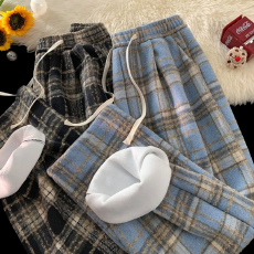 批发格子毛呢休闲裤男秋冬潮牌高街宽松直筒百搭古着阔腿<b class='q'>裤子</b>