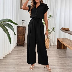 批发大码休闲百搭纯色一排纽扣假抽绳设计<b class='q'>连体裤</b>