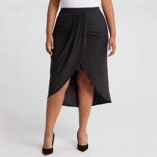 批发跨境亚马逊欧美大码女式优雅纯色不对称前开叉褶皱层次设计半身裙