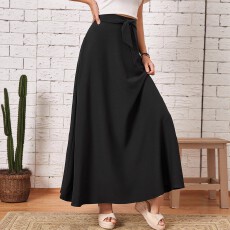 批发欧美大码女式纯色经典百搭宽松舒适大摆型腰带一体设计时尚半身裙