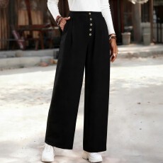批发跨境亚马逊欧美大码女式纯色优雅单排纽扣设计直筒宽松休闲裤