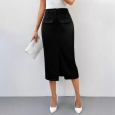 批发跨境亚马逊欧美大码女式经典百搭假口袋设计前中开叉性感半身裙