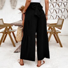 批发跨境亚马逊欧美大码女式时尚休闲随性洒脱褶皱蝴蝶结设计直筒裤子