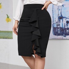批发跨境亚马逊欧美大码女式时尚休闲荷叶边开叉设计感<b class='q'>通勤</b>纯色半身裙
