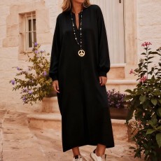 批发跨境亚马逊欧美大码女式气质优雅黑色宽松舒适开叉连衣裙