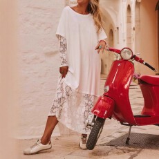 批发欧美亚马逊大码女式时尚双层蕾丝拼接设计适合海边度假经典连衣裙