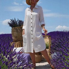 批发跨境亚马逊欧美大码女士休闲时尚度假游玩穿搭单排扣子设计连衣裙