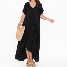 批发跨境亚马逊欧美大码女士优雅日常穿搭针织面料百褶褶皱连衣裙