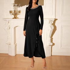 批发欧美跨境亚马逊大码女式优雅圆领砖石装饰荷叶边开叉设计连衣裙