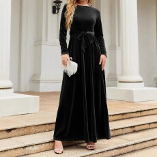 批发欧美大码女式时尚休闲面料触感柔软系带收腰经典气质连衣裙