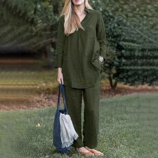 批发<b class='q'>欧美</b>跨境亚马逊<b class='q'>大码</b>女士优雅时尚森系纯色简约梭织两件套装