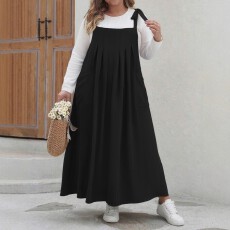 批发<b class='q'>欧美</b>跨境亚马逊<b class='q'>大码</b>女士时尚休闲纯色胸前百褶吊带蝴蝶结连衣裙