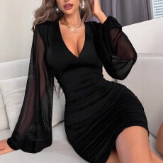 批发欧美跨境亚马逊大码女式时尚优雅纯色V字领网纱拼接性感服饰连衣