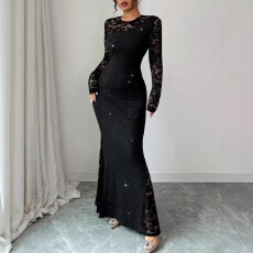 批发欧美跨境亚马逊大码女式服饰蕾丝拼接镂空设计致感修身性感连衣裙