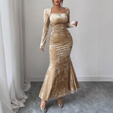 批发大码女式气质优雅自带光泽感面料修身包臀鱼尾连衣裙