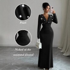 批发<b class='q'>欧美</b>跨境亚马逊大码女式晚宴聚会优雅舒适性感收腰珍珠装饰<b class='q'>连衣裙</b>