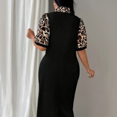 批发大码女士时尚气质优雅豹纹拼接蝴蝶结舒适连衣裙-