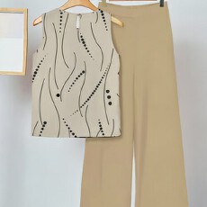 批发大码女士时尚休闲优雅波点印花无袖衬衫搭配阔腿裤套装-