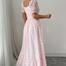 批发大码女士优雅时尚气质泡泡短袖立体提花精致温柔连衣裙