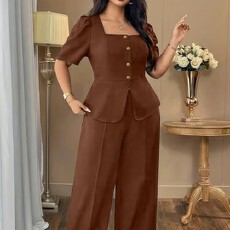 批发大码女士休闲百搭纯色复古方领泡泡短袖上衣搭配直筒休闲裤