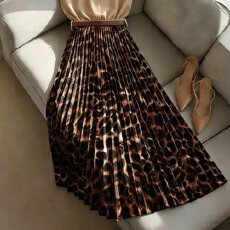 批发大码女士时尚休闲气质优雅豹纹拼接百褶女装连衣裙