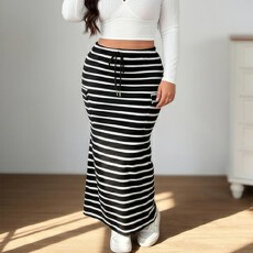 批发女士加大码女式条纹印花抽绳口袋半身裙