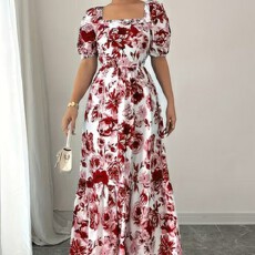 批发大码女式时尚优雅复古感性感收腰设计花朵图案<b class='q'>连衣裙</b>