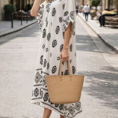 批发大码女装<b class='q'>连衣裙</b>，V领蝙蝠袖波西米亚风印花，时尚休闲优雅<b class='q'>复古</b>