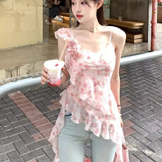 批发已出货 碎花不规则荷叶边<b class='q'>吊带</b><b class='q'>背心</b>女夏季设计感收腰修身<b class='q'>无袖</b>雪纺